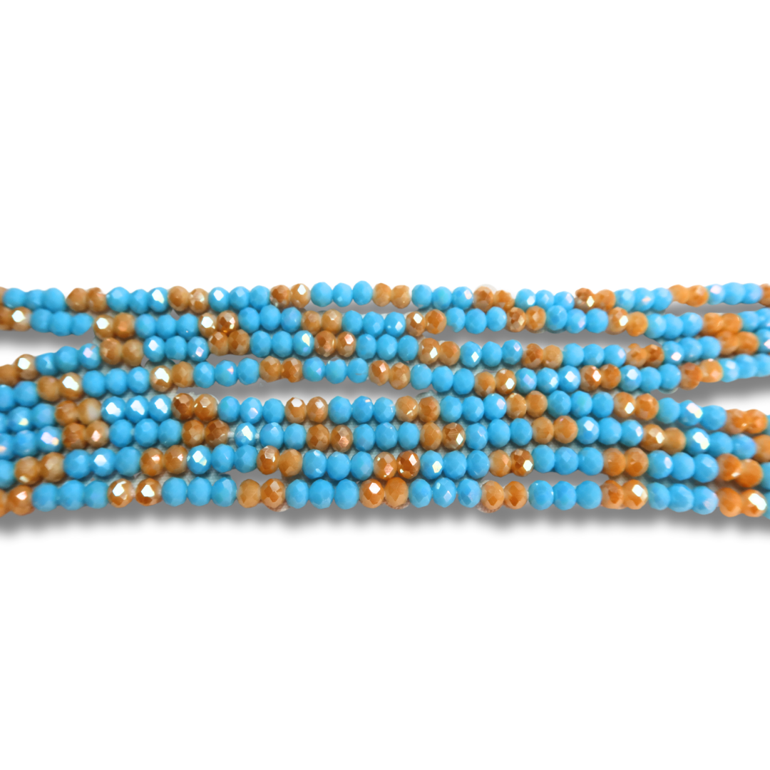blue and gold crystal waist beads in a back and forth pattern