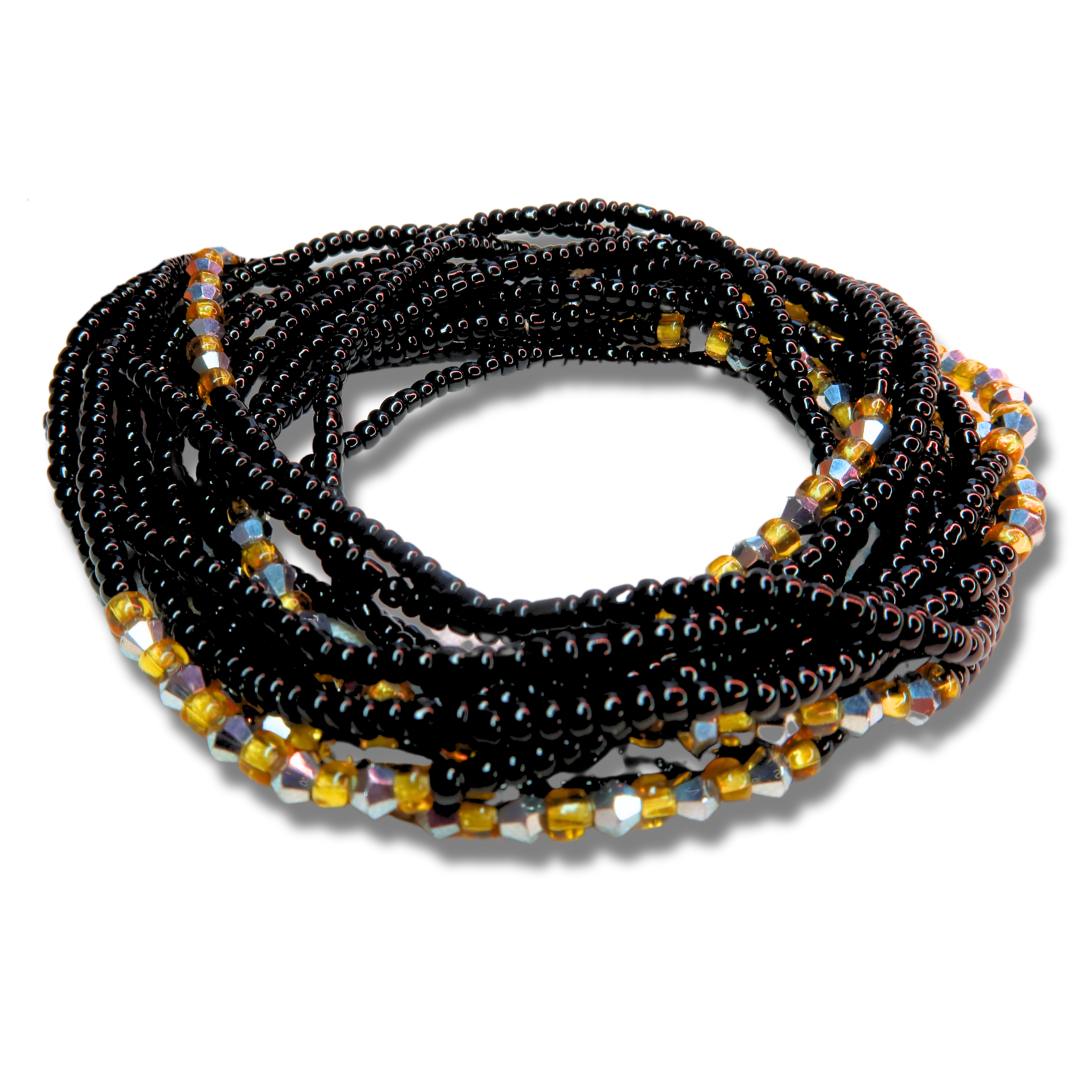 Black and gold waist beads with silver and gold crystals, handmade in Ghana
