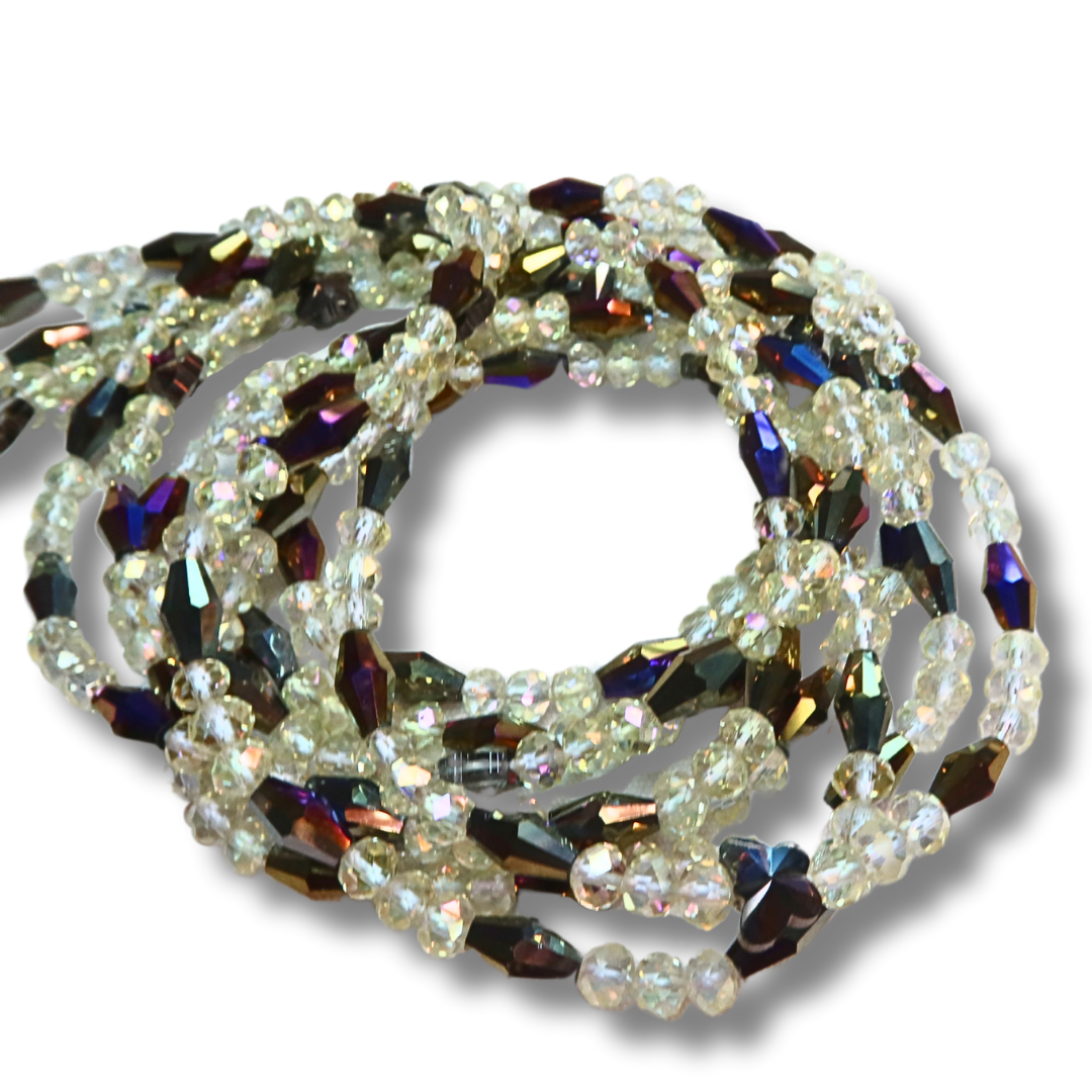 clear transparent crystals with purple diamond iridescent crystal accents handmade waistbeads from Ghana