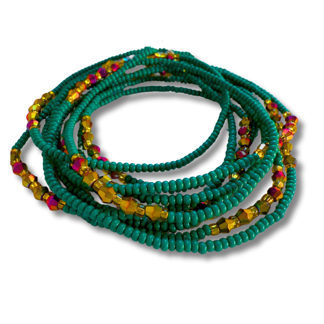 green and gold seed bead with gold and red iridescent crystals