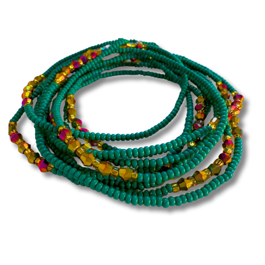 green and gold seed bead with gold and red iridescent crystals