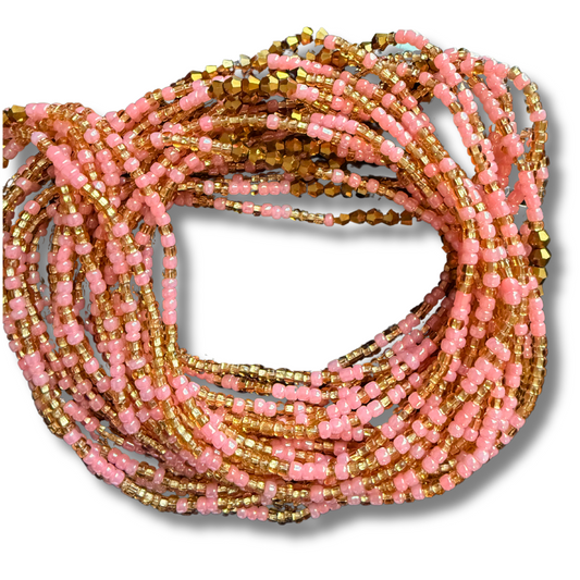 pink and gold seed beads with crystal accent waist beads made in ghana
