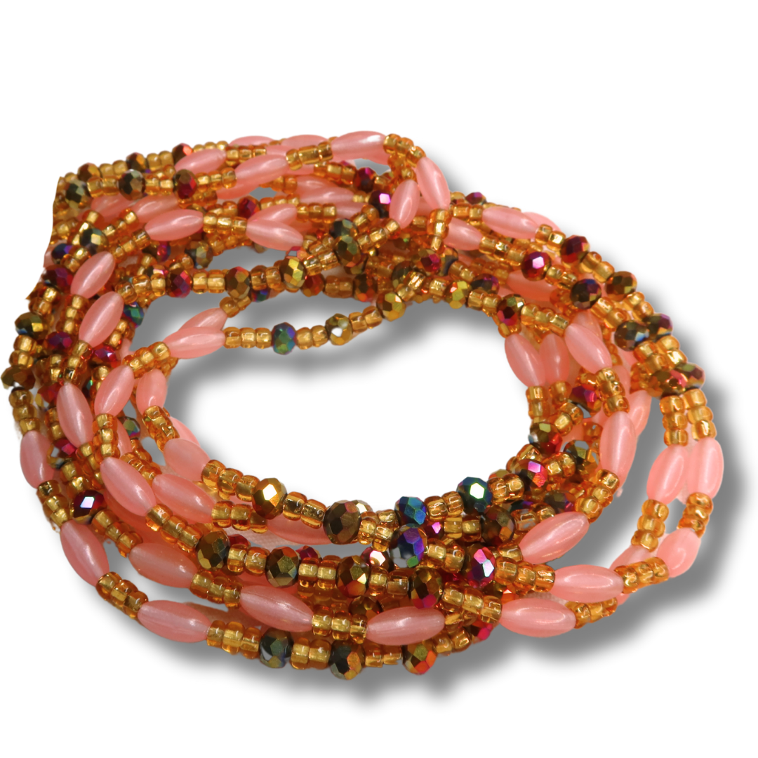 pink and gold waist beads with iridescent accent waist beads handmade in ghana 