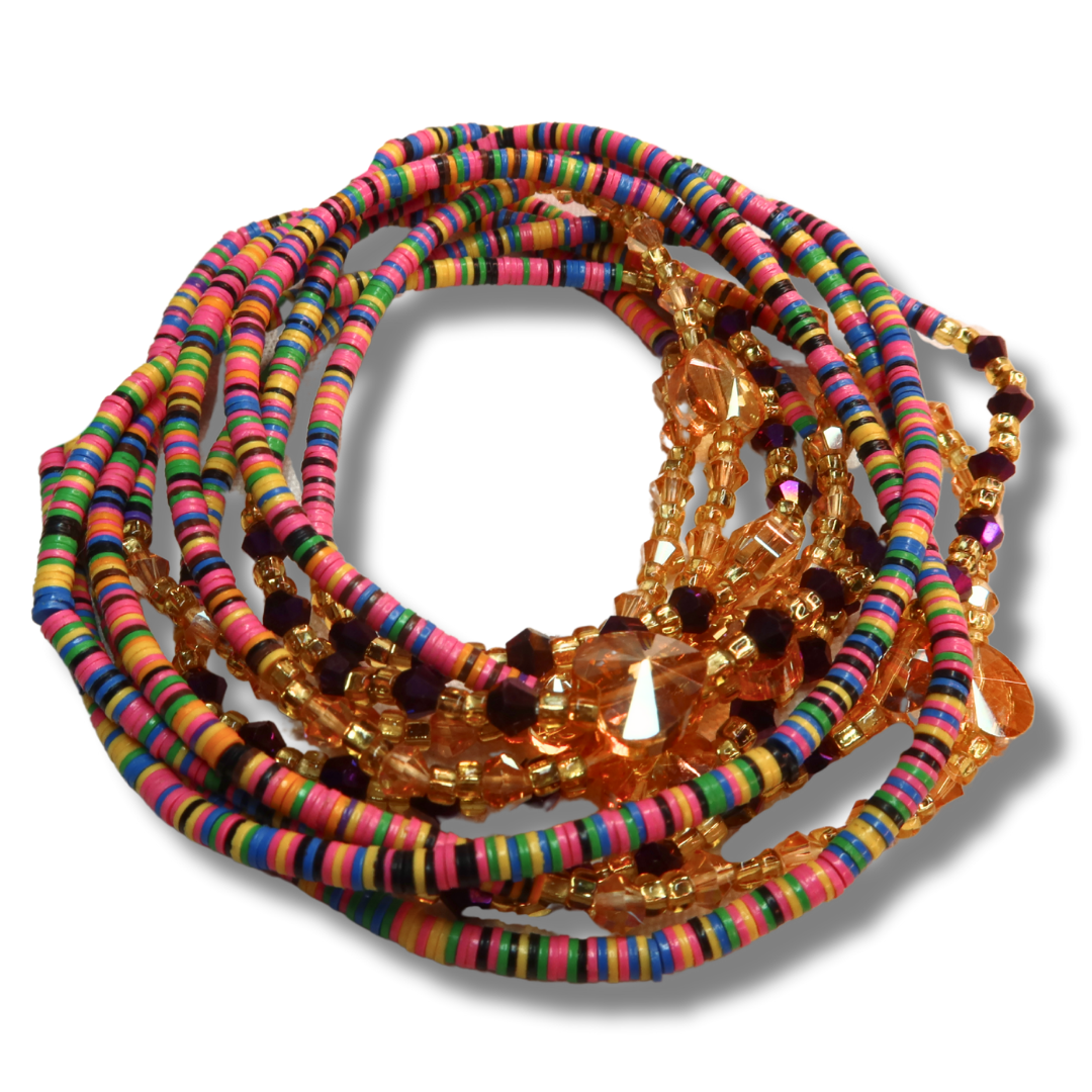 pink yellow blue green rainbow disc beads with heart crystal charms and purple crystal accents