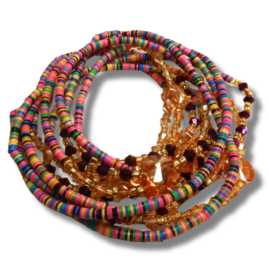 pink yellow blue green rainbow disc beads with heart crystal charms and purple crystal accents