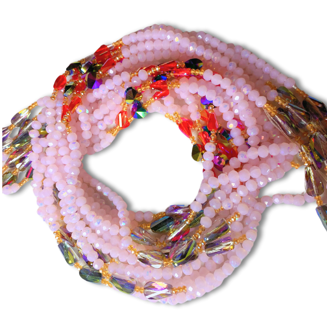 pink and iridescent waist beads with red accents and hearts