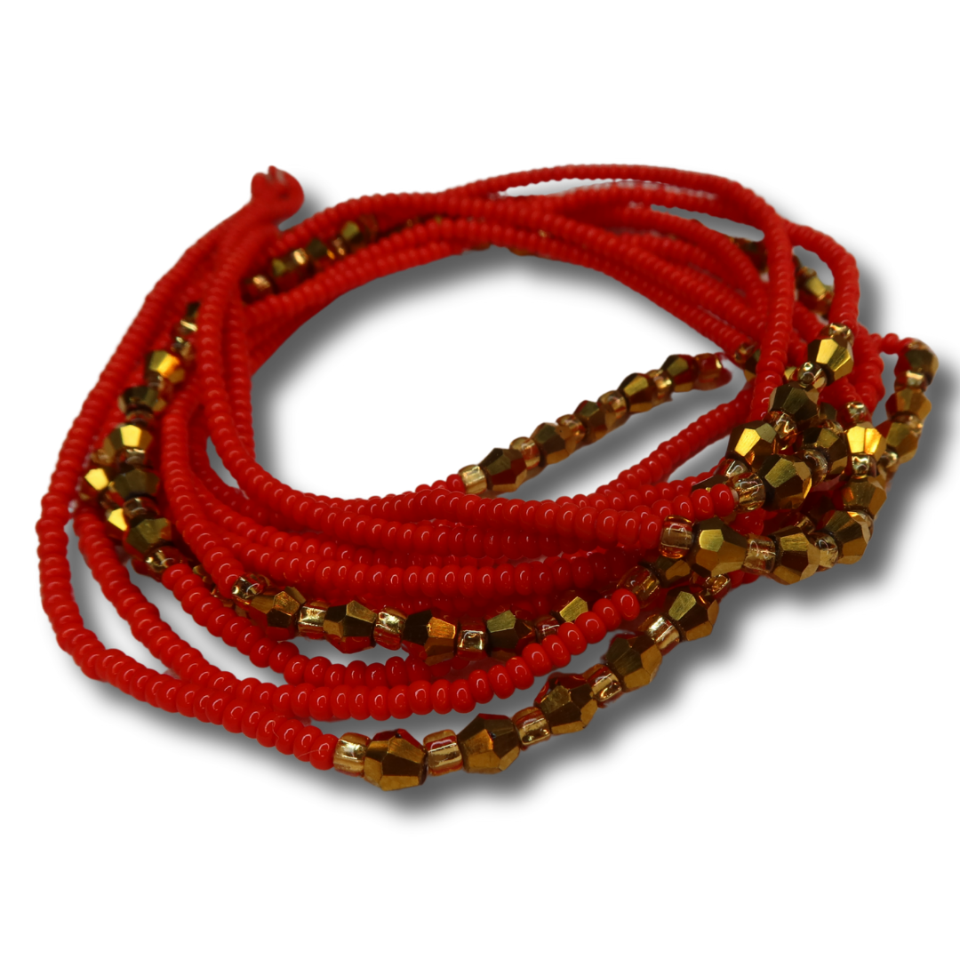 red and gold waist beads with gold crystal accents handmade in ghana