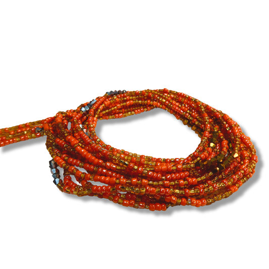 red and gold seed beads with silver crystal accents waist beads handmade in ghana