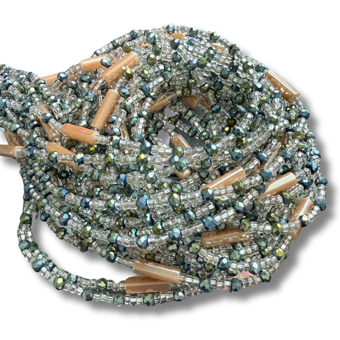 silver and green and blue iridescent crystals with gold bar accents waist beads handmade in ghana