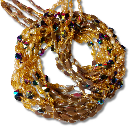 tan and gold crystal waist beads with dark iridescent hearts 