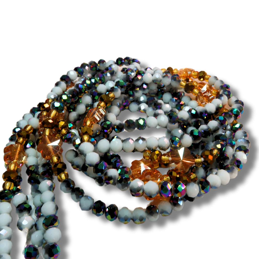 white gold and purple iridescent with flower crystals waist beads handmade in ghana