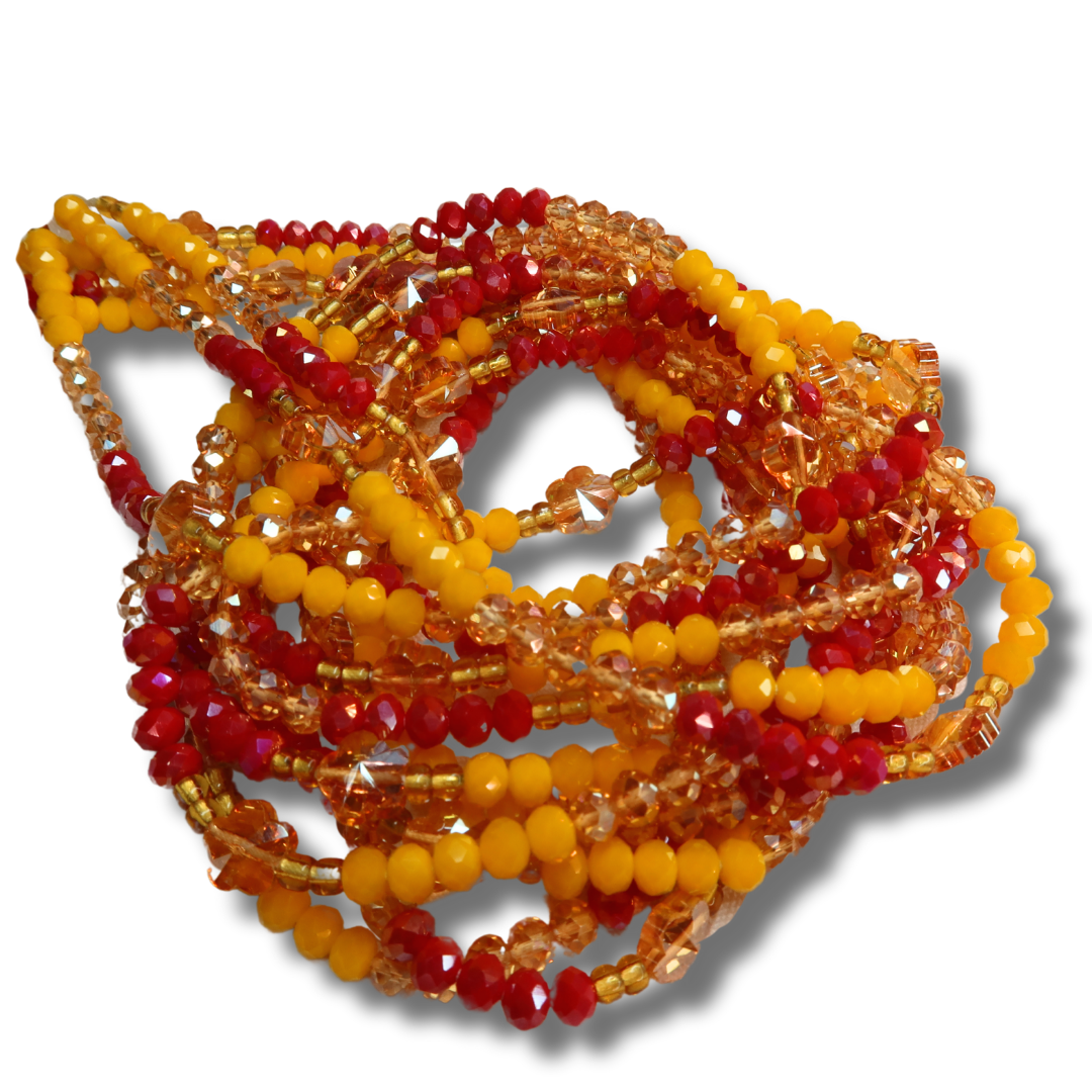 yellow and red with flower and gold crystal accent waist beads